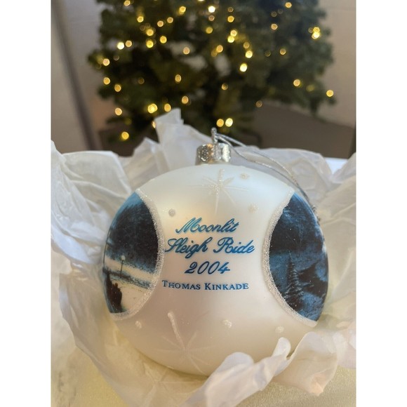 Christmas Ornament Thomas Kinkade Moonlit Sleigh Ride Large Glass 2004 with Box - Picture 7 of 13